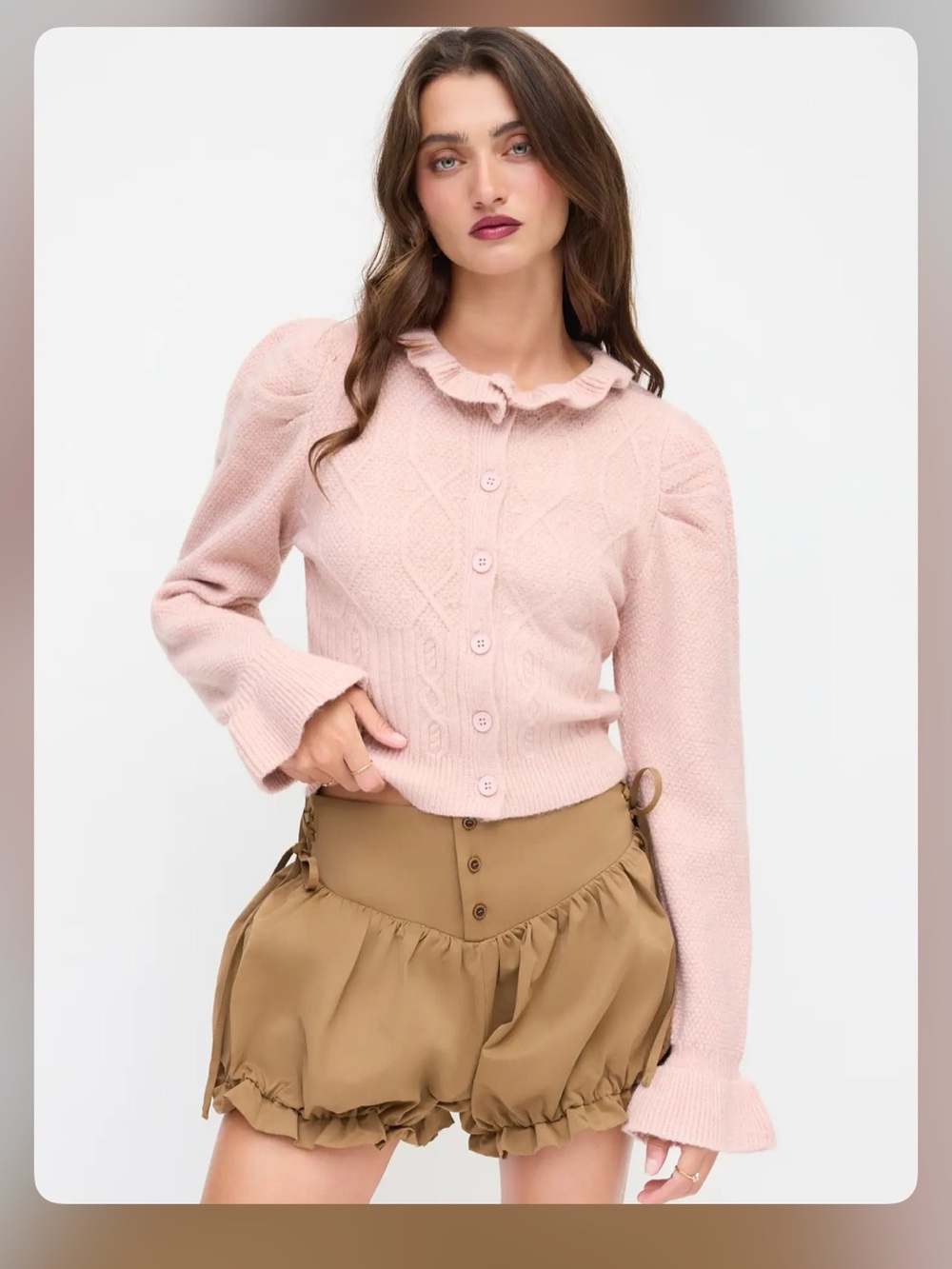 Cider CABLE KNIT WOOL-BLEND STAND COLLAR RUFFLE BELL SLEEVE CARDIGAN S PG7-9